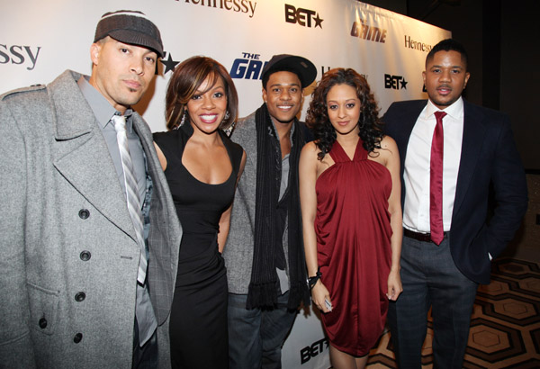 (L-R) "The Game" castmembers Coby Bell, Wendy Raquel Robinson, Pooch Hall, Tia Mowry, and Hosea Chanchez attend BET's "The Game" cast meet & greet at the Tribeca Grand Hotel on January 10, 2011 in New York City.