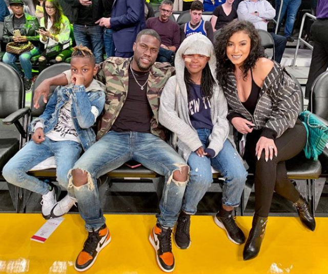 KEVIN HART SITS COURTSIDE WITH HIS WIFE AND KIDS